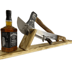 Set cadou naș – topor, cuțit și macetă personalizate cu suport din lemn